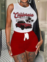 Casual Car Print Sleeveless Tight Vest And Strap Tight Shorts Set -E